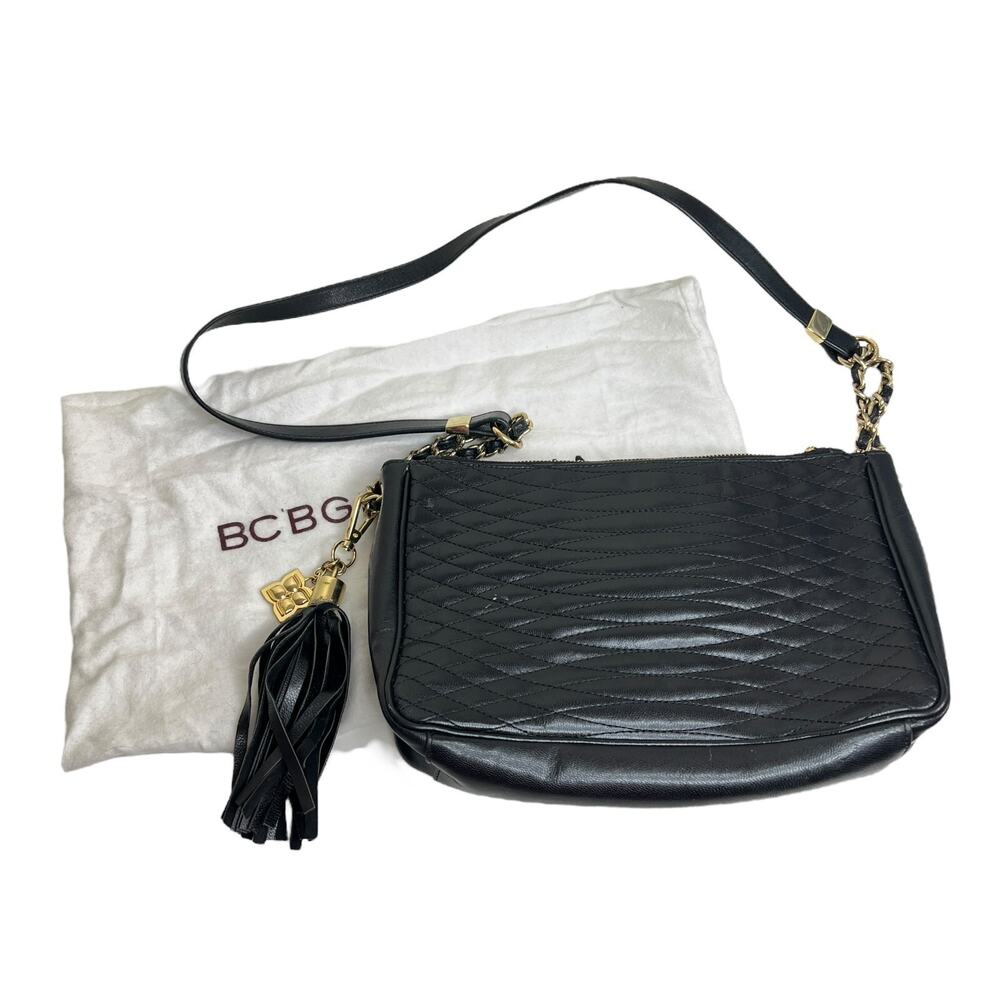 BCBGMAXAZRIA Leatherette Quilted Shoulder Handbag Purse Tassel Black Small